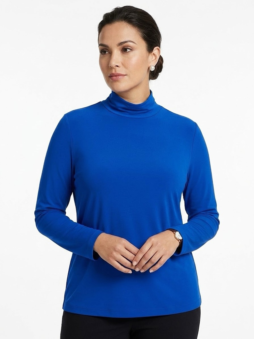 ST. JOHN Royal Blue Mock Neck Stretch Top Long Sleeve Lightweight - Size XL